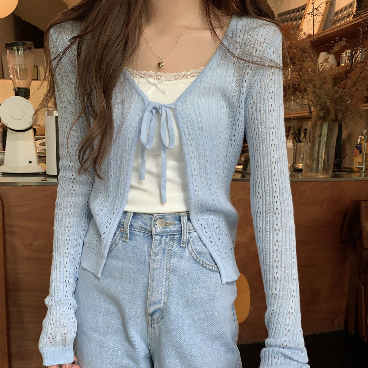 Thin Cut Out Lace-Up Sun Protection Shirt for Women, Summer V Neck Short Knitted Cardigan with White Top, Trendy