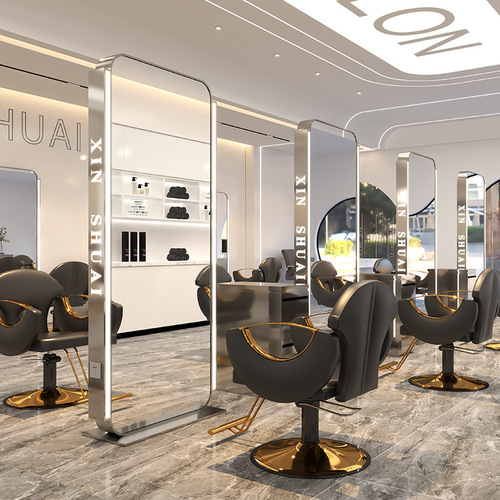 Trendy salon mirror—premium hairdressing mirror designed for salons, featuring a stylish stainless steel floor-standing full-length mirror with built-in lighting