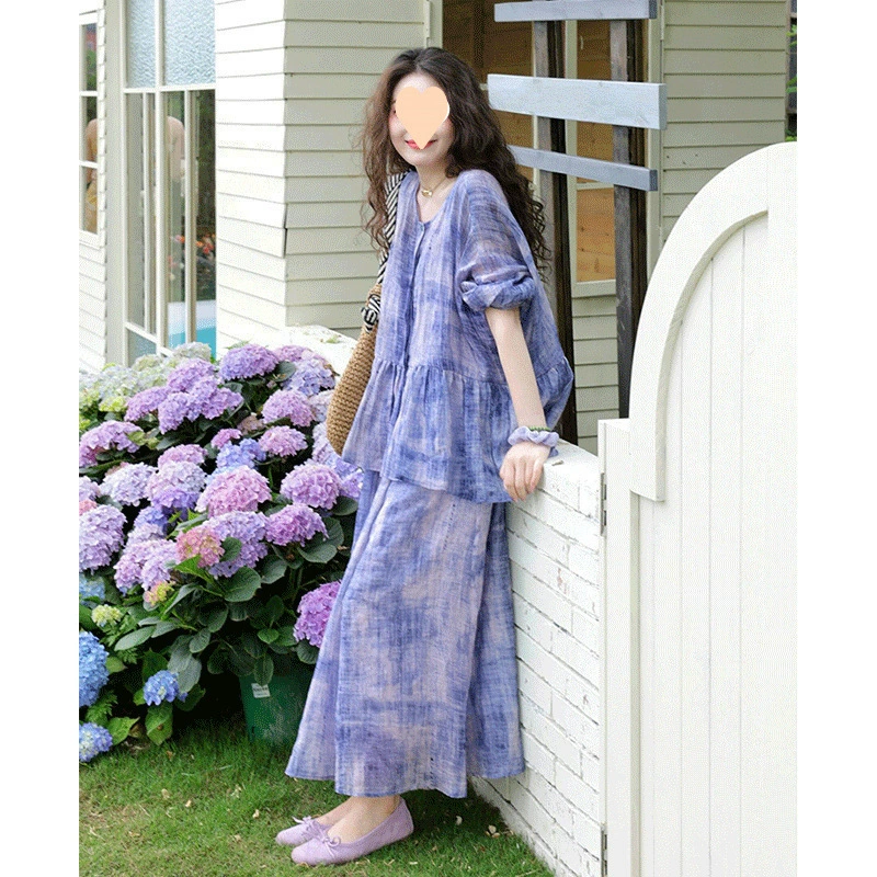 Летний наряд с полным комплектом нового синего пятнистого китайского платья дзен, тонкого кардигана на подтяжках в китайском стиле.