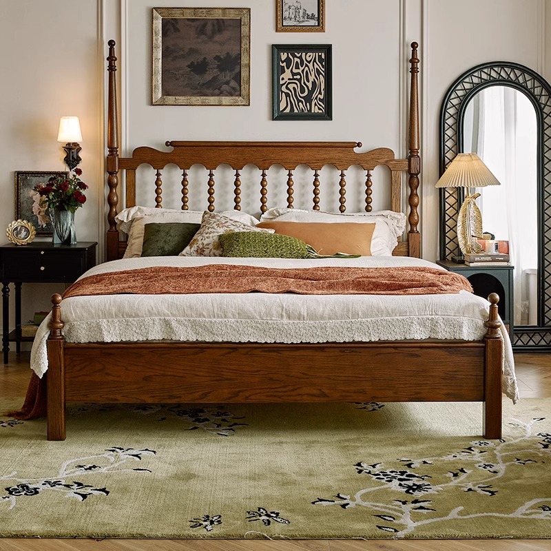 Cama estilo francés retro Windsor Cama de madera maciza antigua 1 metro 8 cama doble dormitorio principal muebles fresno americano