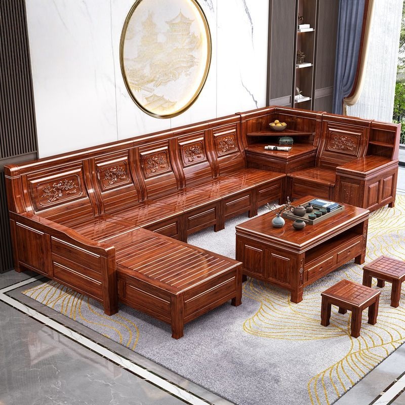 Camphor wood sofa set, new Chinese style solid wood, imitation classical carving, corner chaise lounge, living room storage wooden furniture
