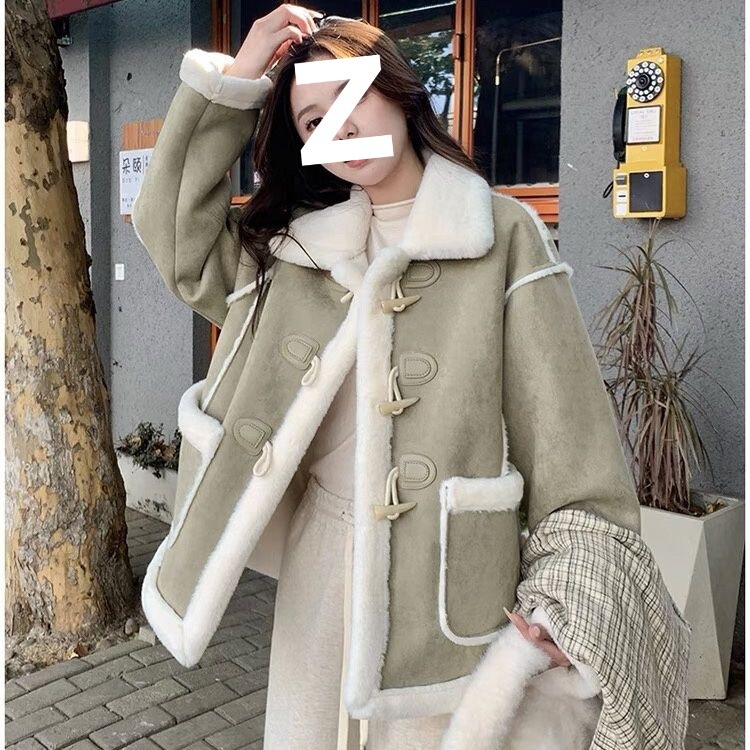牛角扣麂皮绒皮毛一体羊羔毛绒外套女2025冬季新款加厚保暖棉服|undefined