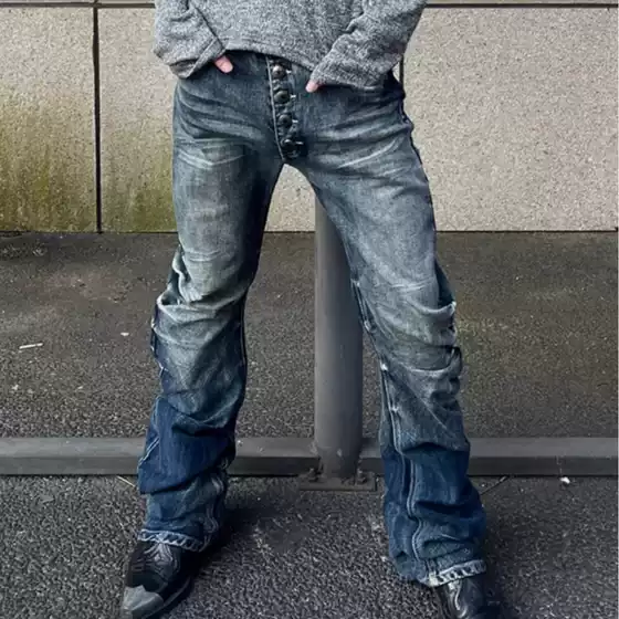 European and American High Street American Style Loose Design Buttoned Jeans for Men, Trendy Simple Drape Slim Versatile Floor-Length Pants