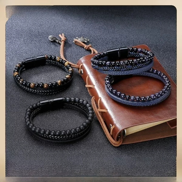 Simple hand-woven leather natural Tiger Eye stone bracelet hand-woven volcanic stone beaded men's bracelet in stock