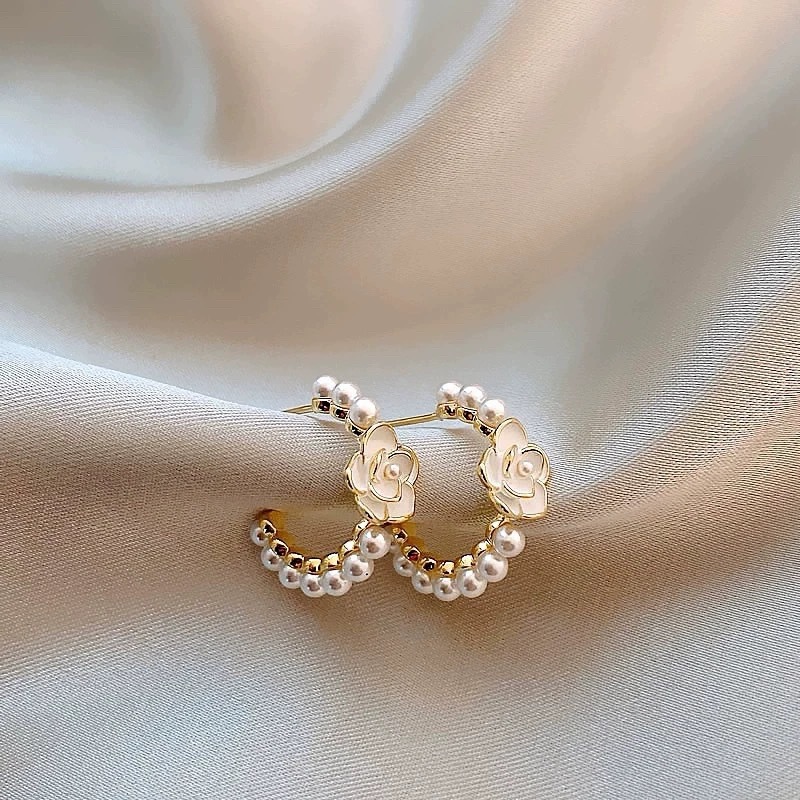 8 # White camellia pearl c hoop stud earrings
