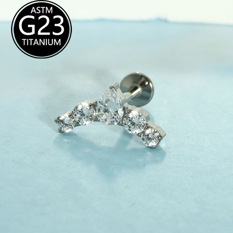 G23 Titanium Crown CZ Lip Piercing Jewelry - Water Drop Stud for Ear Cartilage, Labret, Helix, Tragus detail image 7