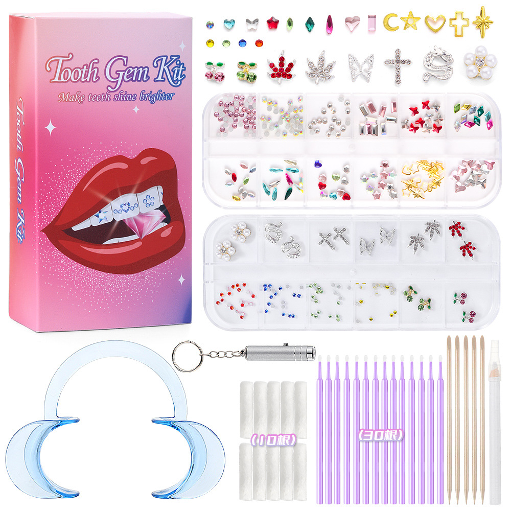 흰색 치아 장식 세트 [컬러 박스 업그레이드 버전에는 접착제가 포함되어 있지 않습니다]]
