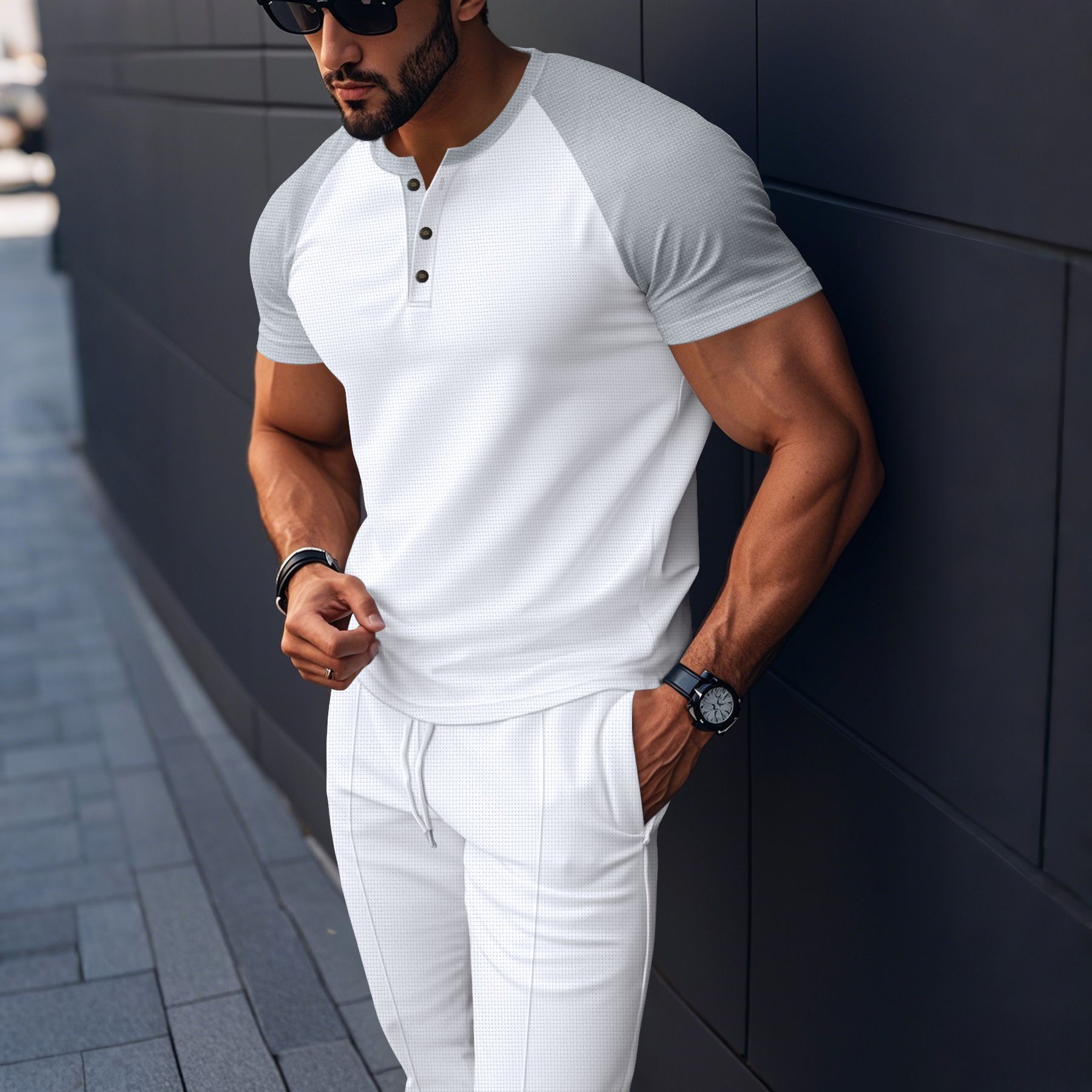 Men's Clothing Men's Summer Waffle Knit Crew Neck Color Block T-Shirt Short Sleeve Casual Outdoor Set For Formal & Casual_viptrois.com