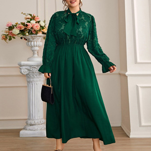 in stock Middle East 2024 autumn and winter new plus size women's elegant simple temperament elastic waist long dress