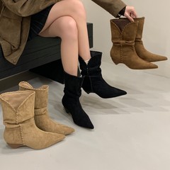 2025尖头短靴女粗跟短筒瘦瘦靴欧美风卡其色磨砂绒面堆堆靴