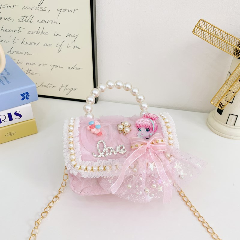 Bolsos infantiles, bolsos de moda princesa de perlas, bolsos de cambio de chicas lindas, bolsos de hombro de encaje