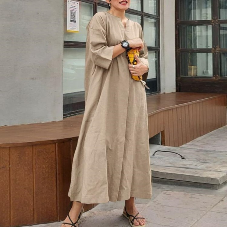 Frau Normales Kleid Vintage-Stil V-Ausschnitt Ärmel In 3/4-Länge Einfarbig Maxi Langes Kleid Täglich display picture 13