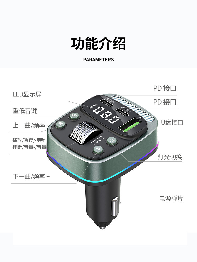 GZ08 Car MP3 Player Dual Type-C PD35W Fast Charge Bluetooth FM Transmitter