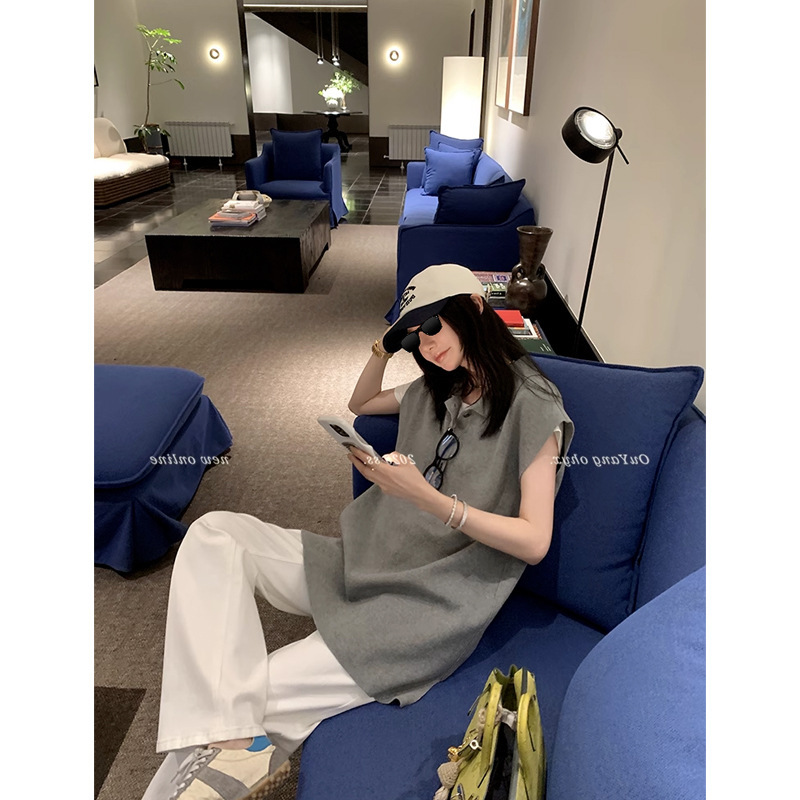 Ouyang Collar Knitted Sleeveless Vest for Women, Summer Thin Design, Niche Lazy Loose Vest