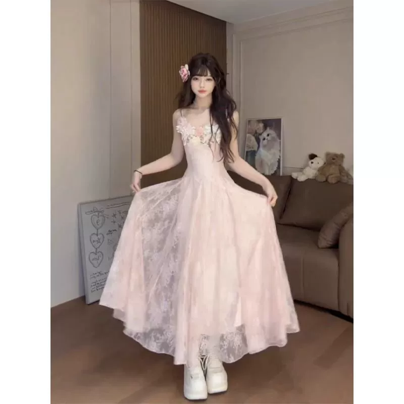 Розовое платье на подтяжках с вышивкой цветов для женщин, летнее платье для отдыха на море, тонкая сетчатая длинная юбка с рыбьим хвостом