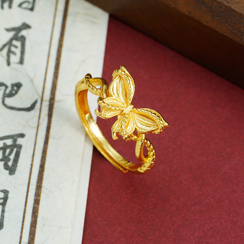 Nuevo anillo de oro de arena de Vietnam, anillo de mariposa de seda de corte, nicho de diseño, joyas al por mayor