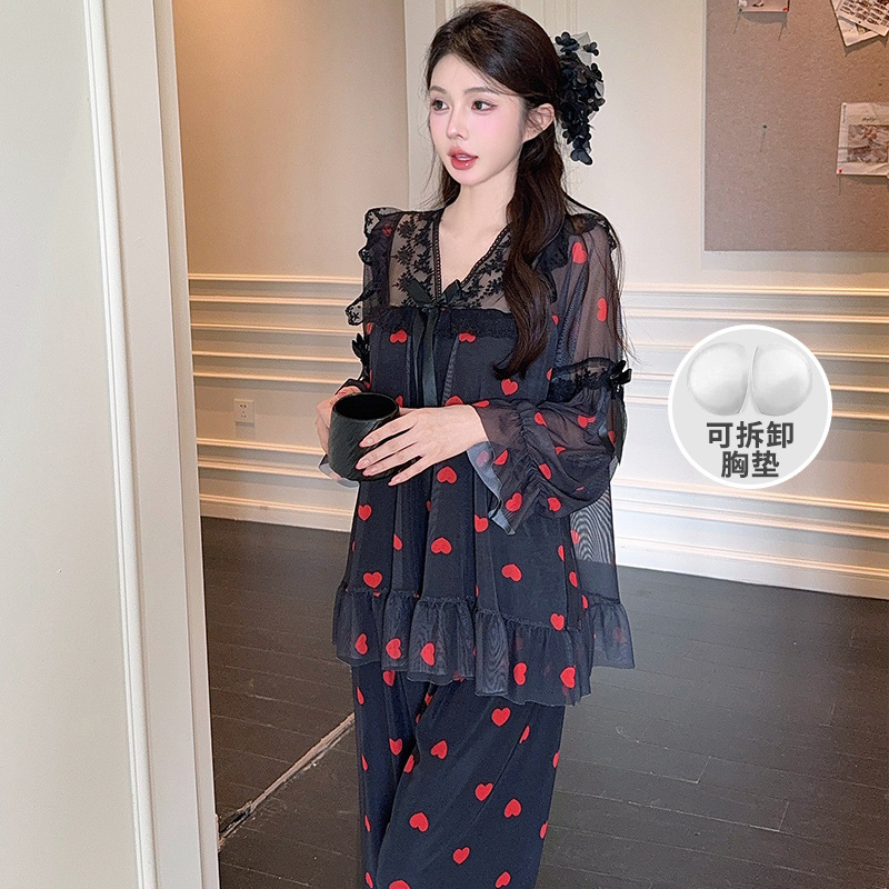 凌蕾春秋新款印花蕾丝花边甜美宽松公主风网纱睡衣套装家居服|undefined