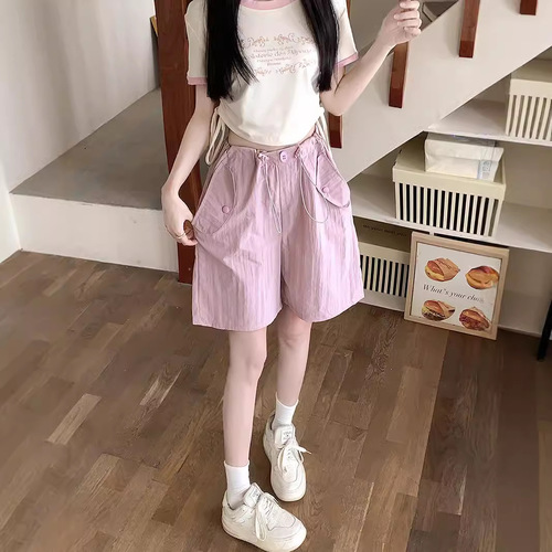 Pink Work Shorts for Women, Summer Loose Thin Style American Quick-Dry Sport Pants High-Waisted Wide Leg Casual Five-Finger Pants