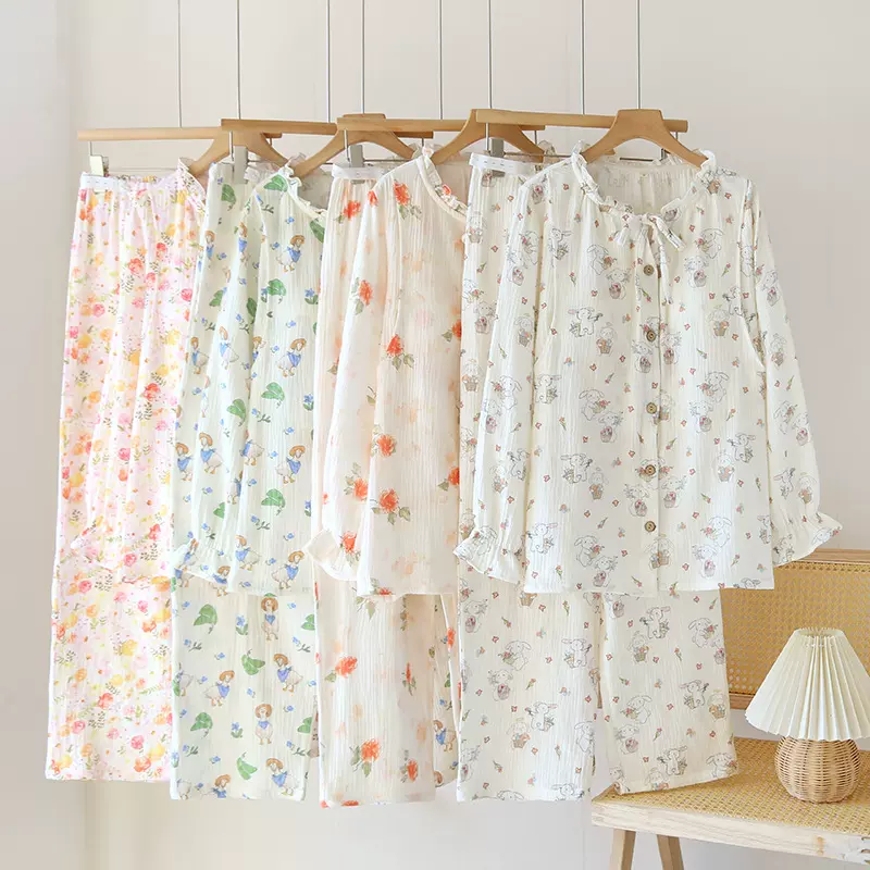 纯棉纱布月子服套装春秋季哺乳睡衣可爱印花可调节长袖家居服