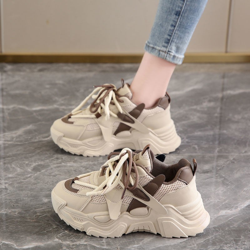 2026 zapatos de suela gruesa primavera-verano doble malla transpirable Maillard suela suave ligera aumento delgada zapatillas deportivas antideslizantes