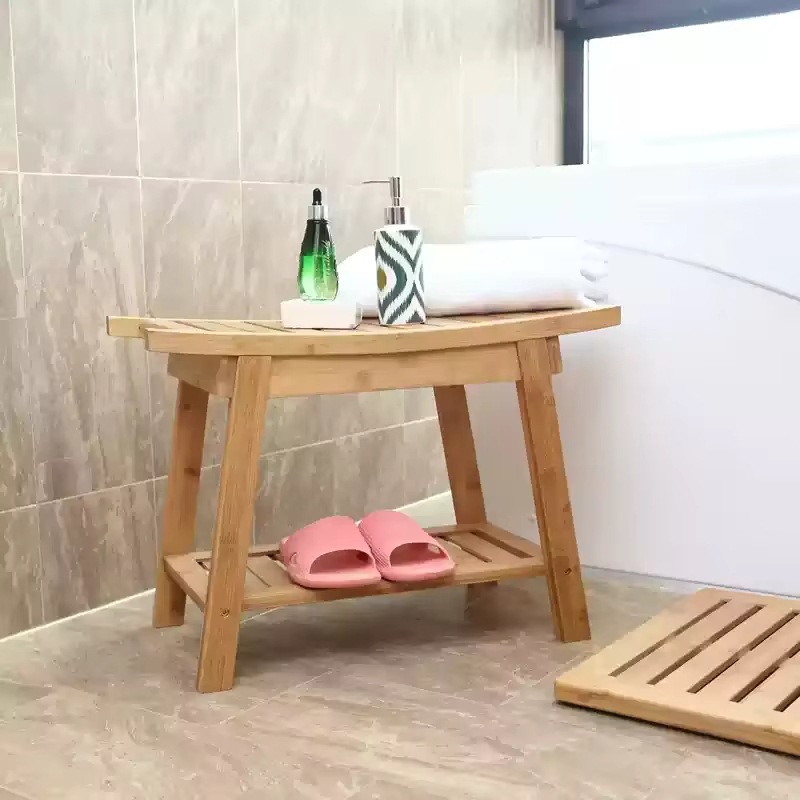 Taburete de baño europeo de 2 pisos, con asiento grueso, asiento de bambú y madera SPA taburete de ducha de bambú impermeable
