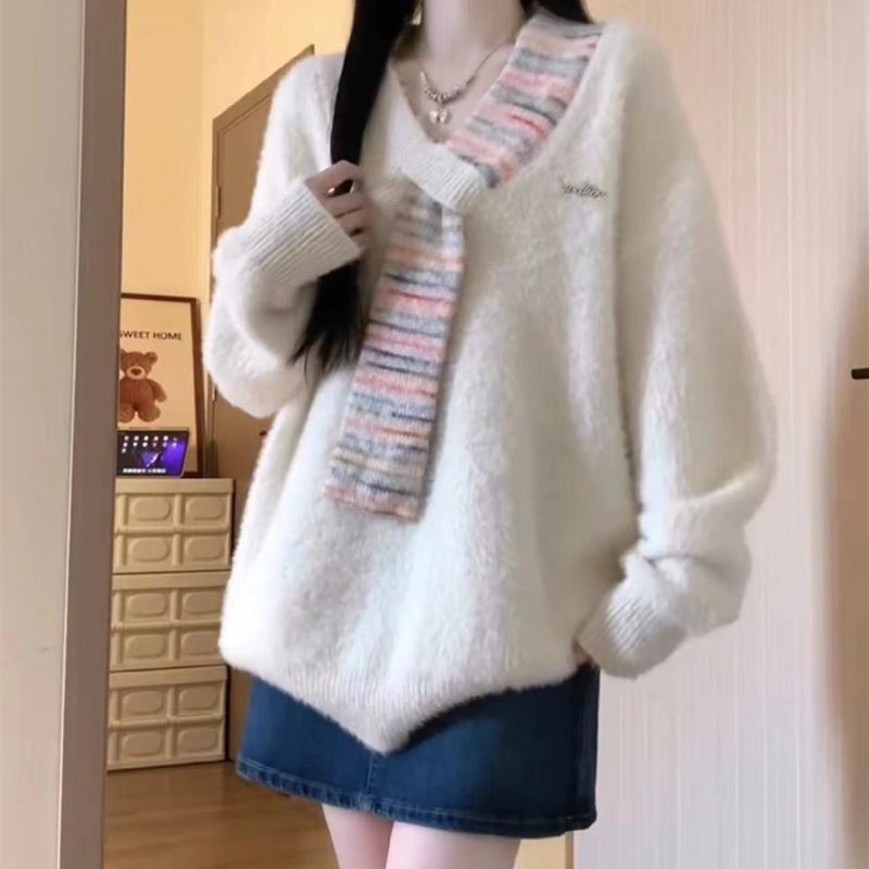 2025秋冬新款韩版甜美温柔设计感假围巾款仿绍毛柔软毛衣百搭套头|undefined