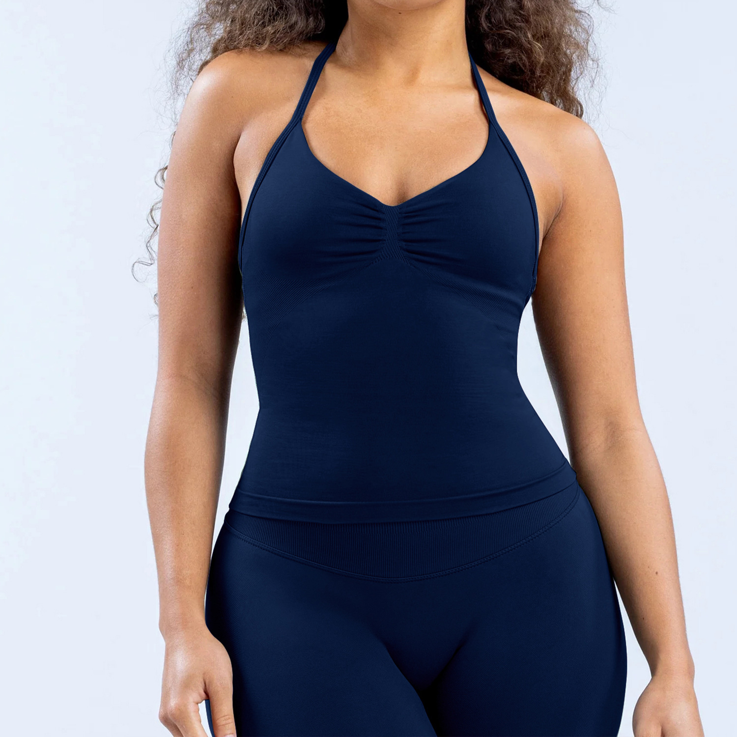 Conjunto DF Amazon pantalones cortos explosivos sujetador pequeño alto elástico superfino nailon halter cuello hermoso chaleco deportivo trasero
