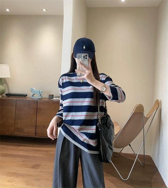 时髦纸片人棉质宽松百搭条纹圆领长袖T恤女秋季显瘦中长款打底衫|undefined