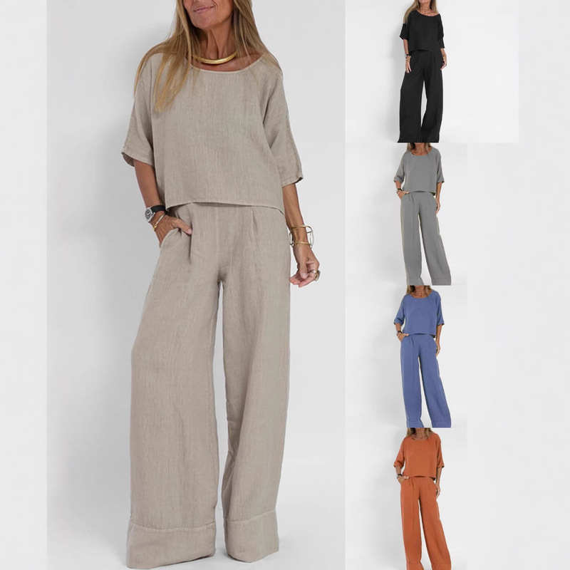 Casual Fashion Pocket Trousers Beach suit Spring and Summer Short-sleeved Top Pullover suit Women's Cotton and Linen Solid Color Two Pieces Casual Fashion Pocket Trousers Beach suit Spring and Summer Short-sleeved Top Pullover suit Women's Cotton and Linen Solid Color Two Pieces