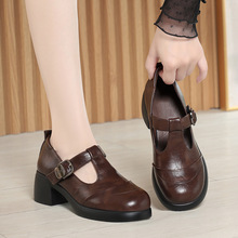 复古皮鞋女春秋玛丽珍女鞋高跟单鞋配裙子粗跟舒适丁字鞋一件代发