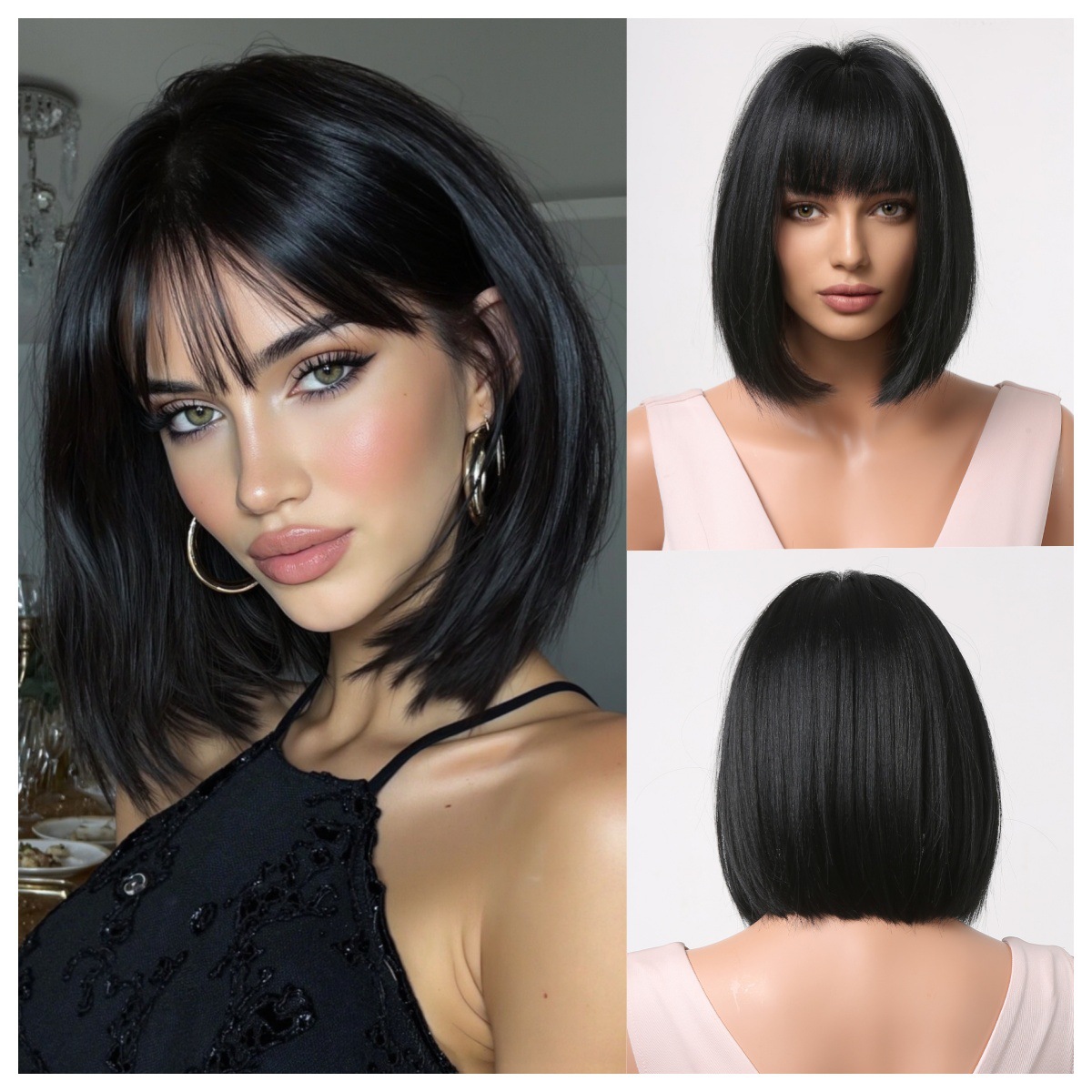 Peluca Bob Corta y Lisa para Mujer de Fibra Sintética, Con Flequillo, Refrescante, para Verano image 11