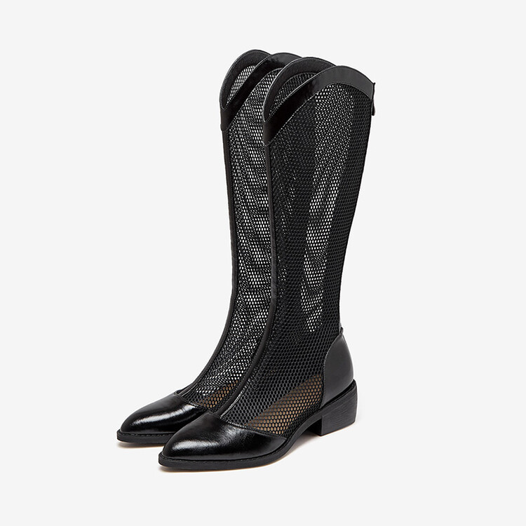 Boot nữ cổ cao da thật đế thô gót vuông ống lưới rỗng dây kéo sau — Màu nâu ống lớn, Ống nhỏ màu đen, Ống nhỏ màu nâu, Ống nhỏ màu trắng Be chi tiết 10