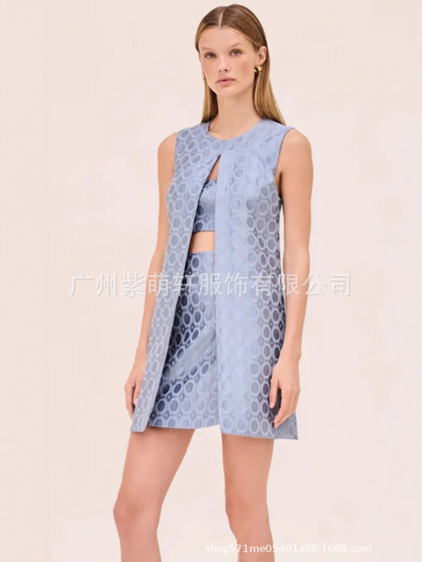 2025欧美跨境独立站新款女装高级感分体无袖开叉蓝色提花连衣裙|undefined