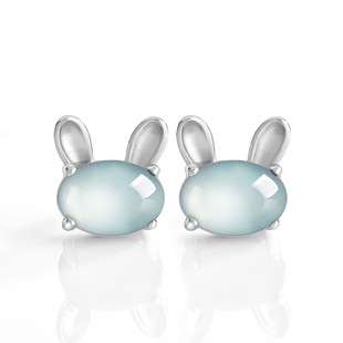 Natural A-Grade Jadeite Blue Water Rabbit Earrings Ice Jade S925 Silver Inlaid Fashion High-End Women's Earrings