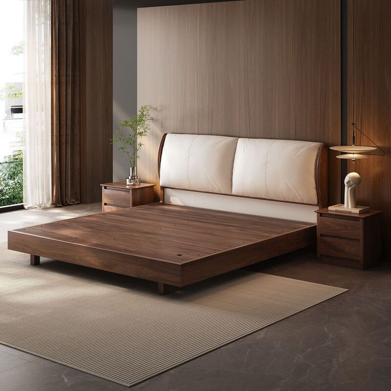 Solid Wood Bed with Black Walnut Upholstered Headboard, 2m Master Bedroom Large Upholstered Double Bed in Mid-Century Style