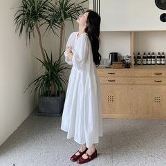 【夢薔薇】25春意法フランス刺繍白いワンピース女性超仙きれい気質清純しわロングスカート