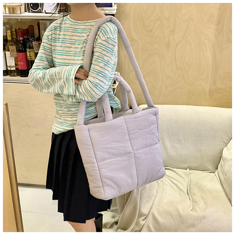 High quality texture tote bag nylon cotton bag large capacity shoulder messenger bag soft plaid handbag down bag_voghion.com