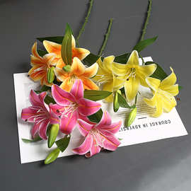 高品质3花2蕾仿真百合花3D打印婚庆插花装饰餐桌摆件假花厂家批发