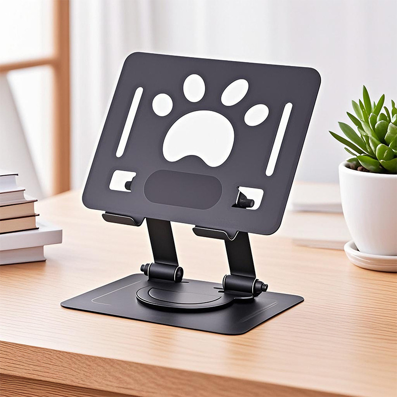 New Model Small Footprint Metal Tablet Stand with Hollow Design, Rotatable and Foldable, Portable Support for Watching Shows on Computer