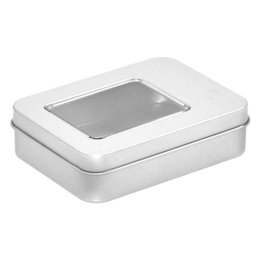 Caja de hierro en stock embalaje caja vacía caja de hojalata rectangular Ventana de PVC multi-tamaño caramelo U-placa caja imprimible logotipo
