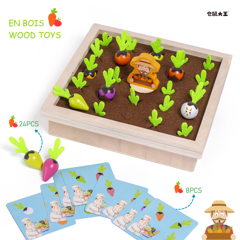 Fábrica al por mayor de los niños juguetes de madera educación temprana diversión educativa memoria vegetal juego granja rábano juego de mesa