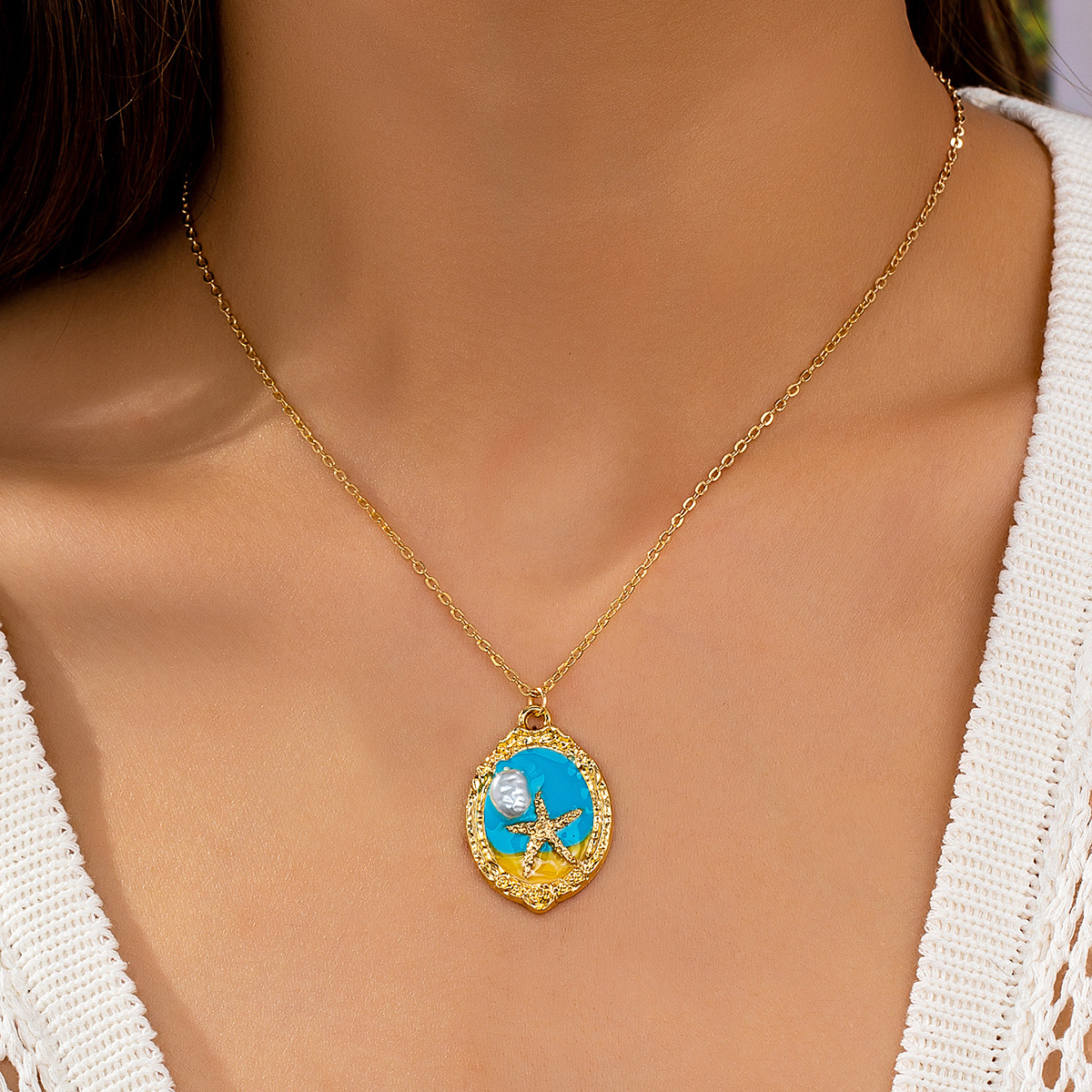 Pendant Necklace Classification Elegant Beach Coconut Tree Starfish Shell Alloy Cable Chain Lobster Trigger Clasp Closure Pendant Necklaces Wholesale