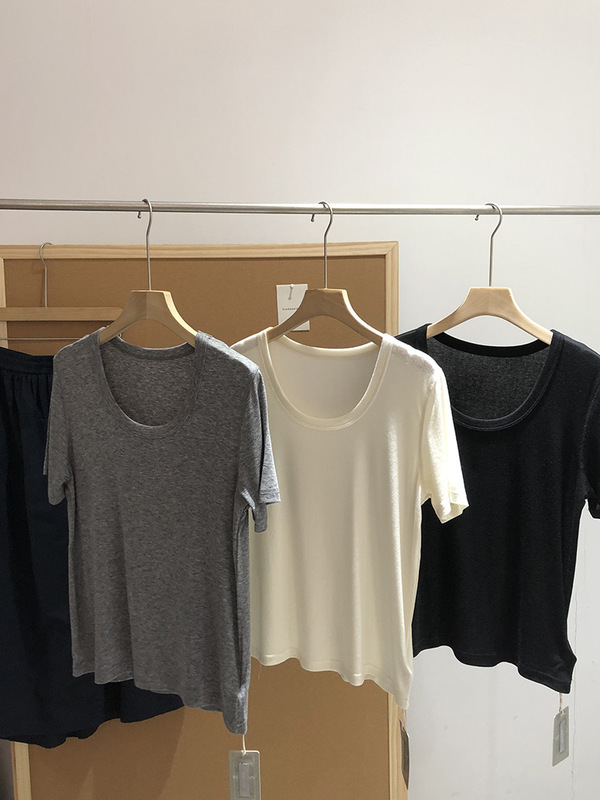 Lanjing Tencel Wool Soft Waxy tee ~ Slim Big U Neck Minimal Solid Color Loose Slim Short Sleeve T-shirt Jacket Women