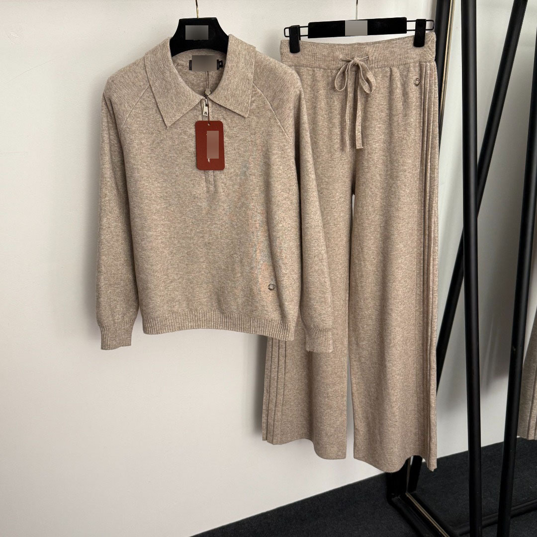 25 Nanyou Cross-Border New Knitted Casual Suit Metal Ring Decorative Lapel Long-Sleeved Knitwear + High-Waisted Pants