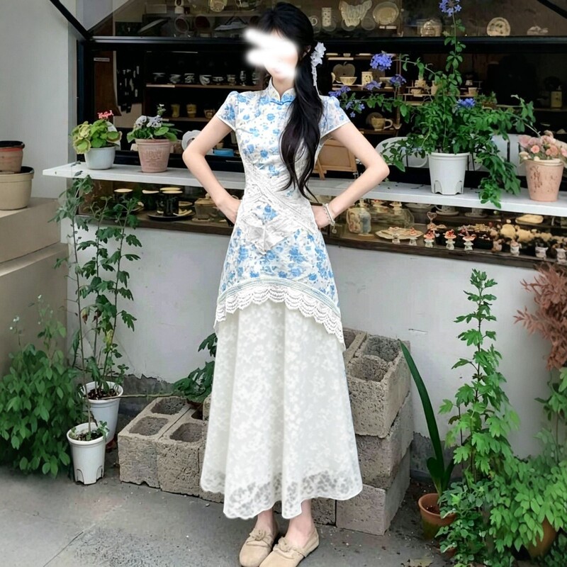 New Chinese-Style Improved Cheongsam Dress for Women, Summer Waist-Cinching Slimming Floral Lace Long Dress, National Style Dress