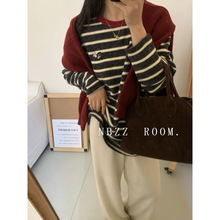 撞色条纹笑脸刺绣女2025年早春新款软糯兔毛绒圆领复古毛衣小众