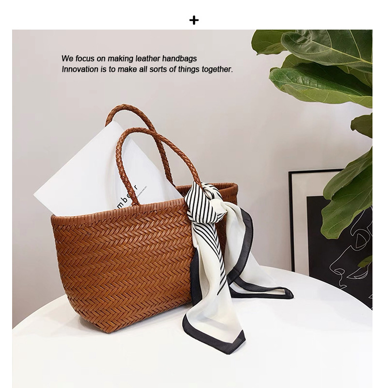 Yijinyuan French Style Basket Bag Cowhide Hand-Woven Leather Handbag For Women, Niche Genuine Leather Beach Vacation Tote - Thumbnail 2