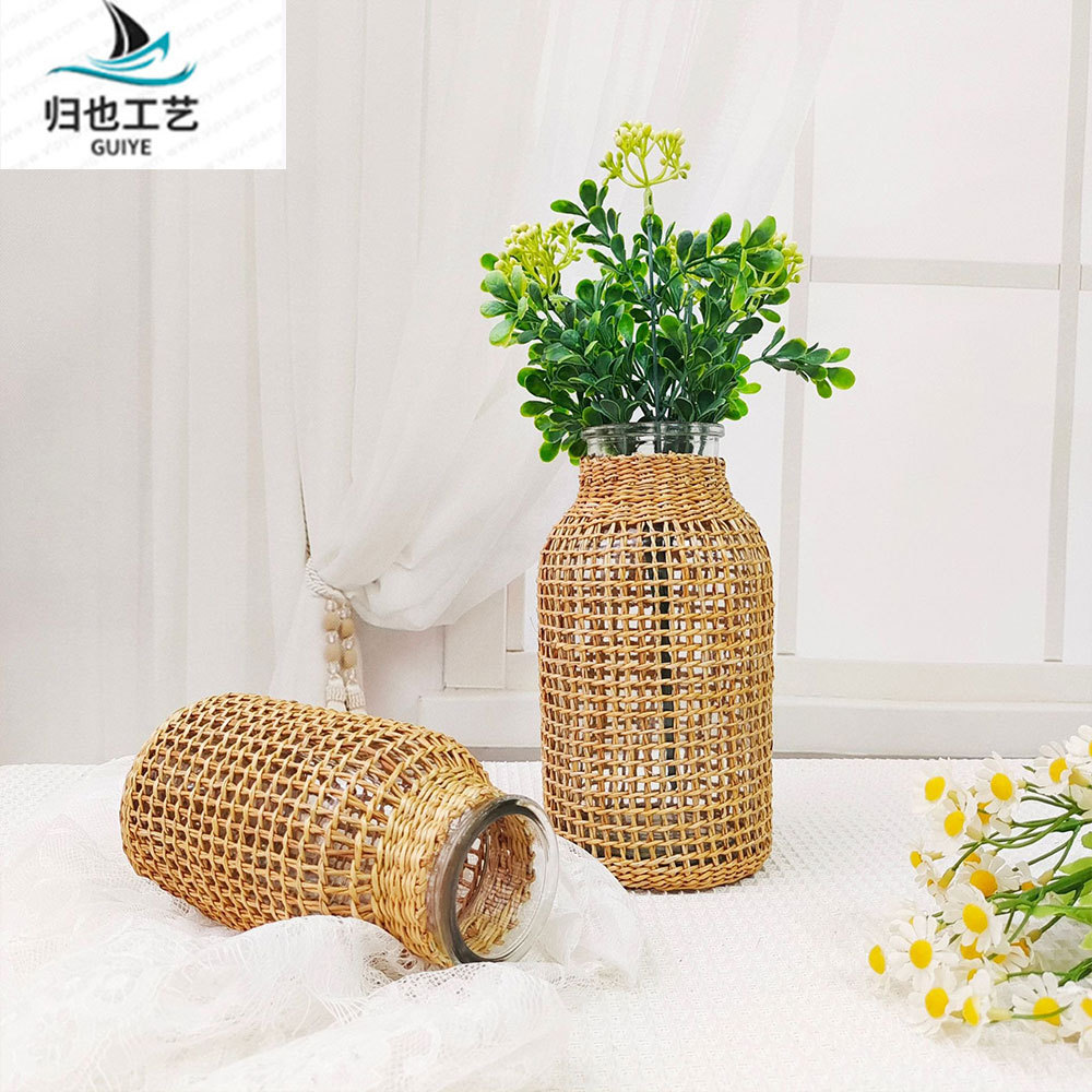 Cross-border Foreign Trade Wholesale Straw Glass Dried Vase Japanese Creative Vase Water-raising Plant Home Decoration Ornaments