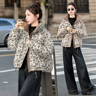 印花加厚短款羽绒棉服女装年冬季大码胖宽松气质减龄棉衣外套