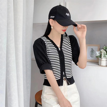夏季新款韩版V领针织打底小衫条纹短袖上衣设计感时尚T恤针织衫女